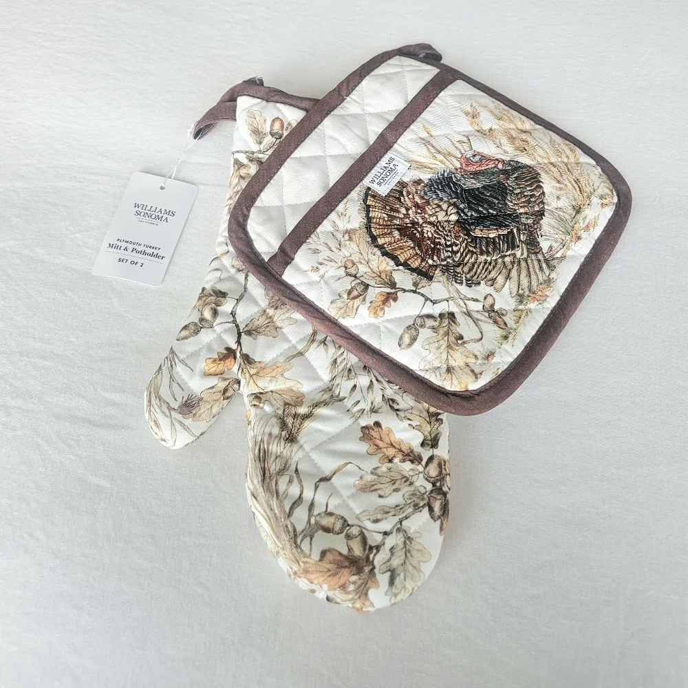 Williams Sonoma Turkey Oven Mitt and Potholder Set in Cream, Brown, Tan